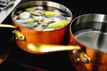 Мідні горщики з супом і водою на холодильнику — стокове фото