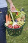 A woman carrying a basket of fruit and vegetables over grass outdoors — Stock Photo