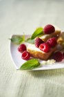 Pedaço de bolo de libra com framboesas frescas — Fotografia de Stock