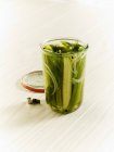 Homemade dill gherkins in open jar — Stock Photo