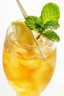 Closeup view of cold peppermint tea with fresh mint and lemon — Stock Photo