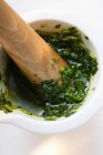 Pesto in a Mortar on the table — Stock Photo