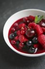 Closeup view of red fruit soup with peppermint — Stock Photo