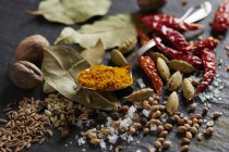 Various spices on a wooden slate surface — Stock Photo