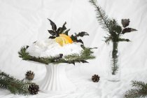 Nahaufnahme von Pavlova Kuchen mit Sahne, Zitronen und Orangen — Stockfoto