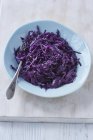 Red cabbage braised in red wine vinegar in blue bowl with spoon — Stock Photo