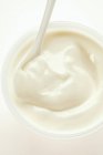 Joghurt im Topf mit Löffel — Stockfoto