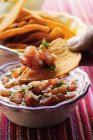 Nahaufnahme des Setzens Tomaten-Salsa auf Tortilla-Chip — Stockfoto