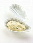 Closeup view of Remoulade dip in a mussel shell — Stock Photo