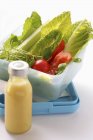 Salad in lunchbox with bottle of juice — Stock Photo
