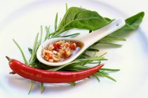 Salsa di aglio di peperoncino in cucchiaio su piatto bianco — Foto stock