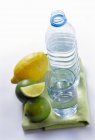 Botella y vaso de agua mineral - foto de stock