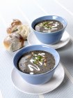 Cep Cream Soup in blue bowls — Stock Photo