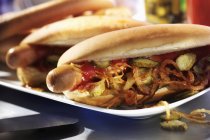Hotdogs mit gebratenen Zwiebeln — Stockfoto