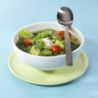 Sopa de legumes em tigela branca com colher — Fotografia de Stock