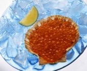 Salmon caviar in scallop shell — Stock Photo
