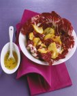 Winter salad: radicchio with swede on white plate over red towel on purple surface — Stock Photo