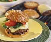Hausgemachter Cheeseburger auf Tellern — Stockfoto