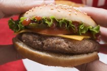 Mãos segurando cheeseburger — Fotografia de Stock
