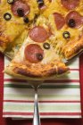 Pizza with salami, cheese and olives — Stock Photo