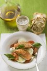 Tomates à la mozzarella, saumon et basilic — Photo de stock