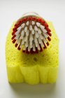 Closeup view of yellow sponge and brush on white surface — Stock Photo