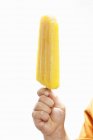 Vista cortada da mão segurando gelo amarelo alegre — Fotografia de Stock