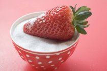 Strawberry in bowl of sugar — Stock Photo