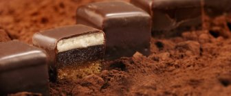 Chocolate squares on powder — Stock Photo