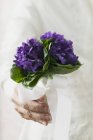 Vista de primer plano de mano femenina sosteniendo manojo de violetas - foto de stock