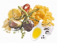 Ingredients for pasta and artichoke dish — Stock Photo