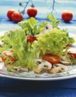 Салат з помідорами та грибами на білій тарілці над столом — стокове фото