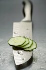 Cucumber slices on knife — Stock Photo