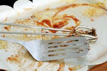 Closeup view of grill tongs and spatula on dirty plate — Stock Photo