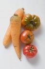Deux carottes et trois tomates — Photo de stock