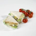 Sandwiches in clingfilm and tomatoes — Stock Photo