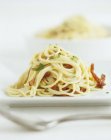 Spaghetti alla carbonara with meat — Stock Photo