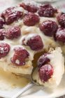 Cherry tart with icing sugar and custard — Stock Photo