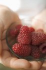 Human hands holding bowl of raspberries — Stock Photo