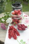 Mixed summer berries in jars — Stock Photo