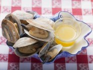 Closeup view of steamed opened clams with butter sauce — Stock Photo
