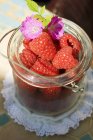Fresh raspberries and purple flowers — Stock Photo