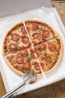 Cheese and tomato quartered  pizza — Stock Photo