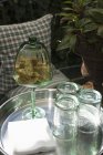 Vista ravvicinata di Cantuccini e bicchieri vuoti su un vassoio — Foto stock