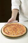 Koch serviert Pizza — Stockfoto