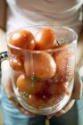 Mains tenant bol en verre de tomates — Photo de stock