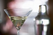Vista da vicino del bicchiere da cocktail con shaker da cocktail sullo sfondo — Foto stock