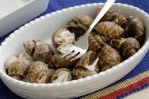 Closeup view of sea snails with fork in ceramic dish — Stock Photo