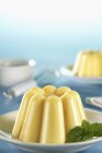 Closeup view of vanilla Blancmange with leaves on plate — Stock Photo