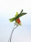 Melon with chilli and asparagus on fork — Stock Photo
